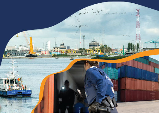 gecombineerd beeld van de haven en een arrestatie van een crimineel in een zeecontainer